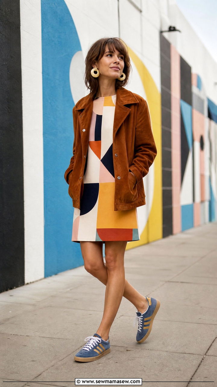 Graphic print shift dress with retro sneakers outfit - 25 Shift dress outfit ideas with sneakers