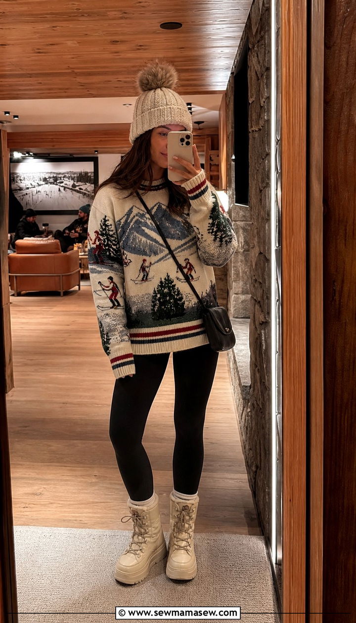 Graphic ski sweater with leggings and boots - 25 Sporty chic outfit ideas apres ski
