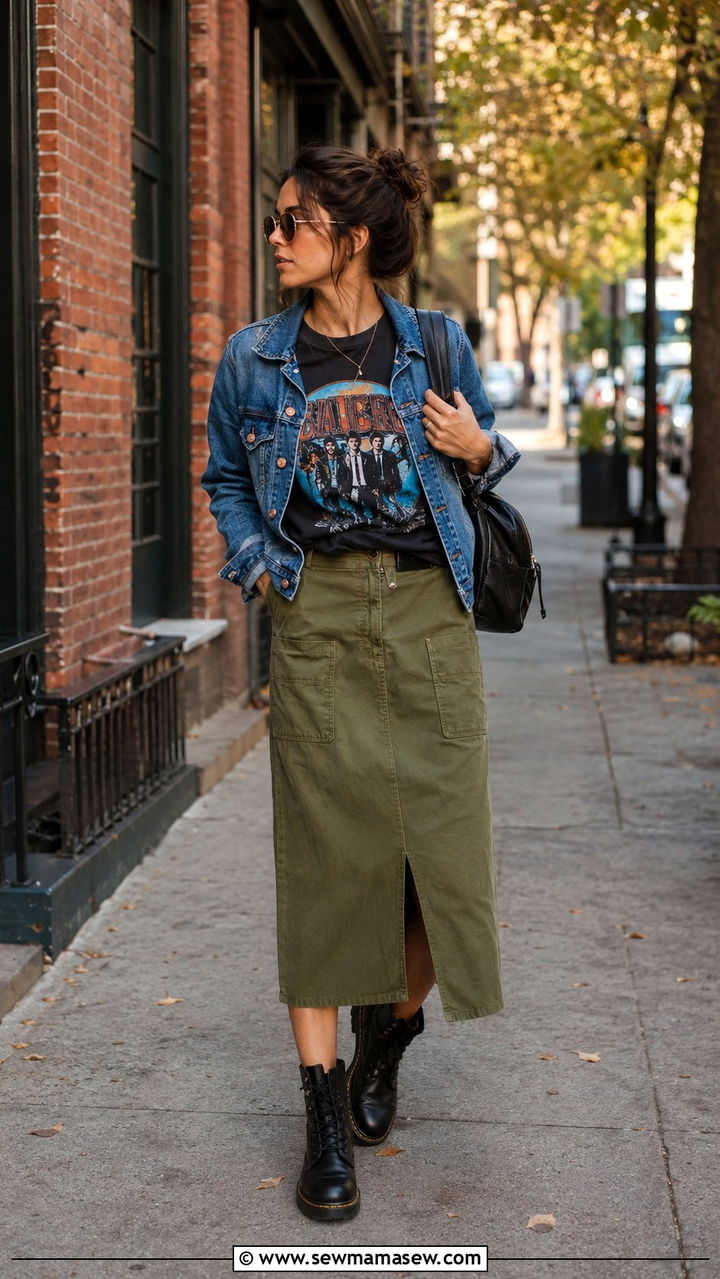 Graphic sweater with midi skirt and combat boots - 30 Midi skirt outfit ideas with a sweater