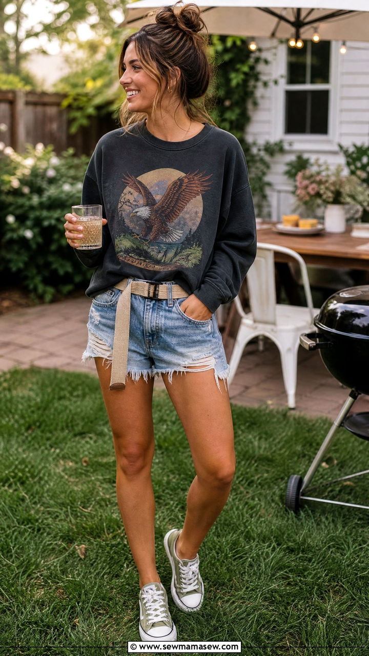 Graphic sweatshirt and cutoff shorts summer outfit - 30 Summer outfits with sweatshirt