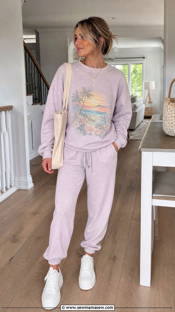 Graphic sweatshirt and soft joggers - 30 Summer loungewear outfit ideas