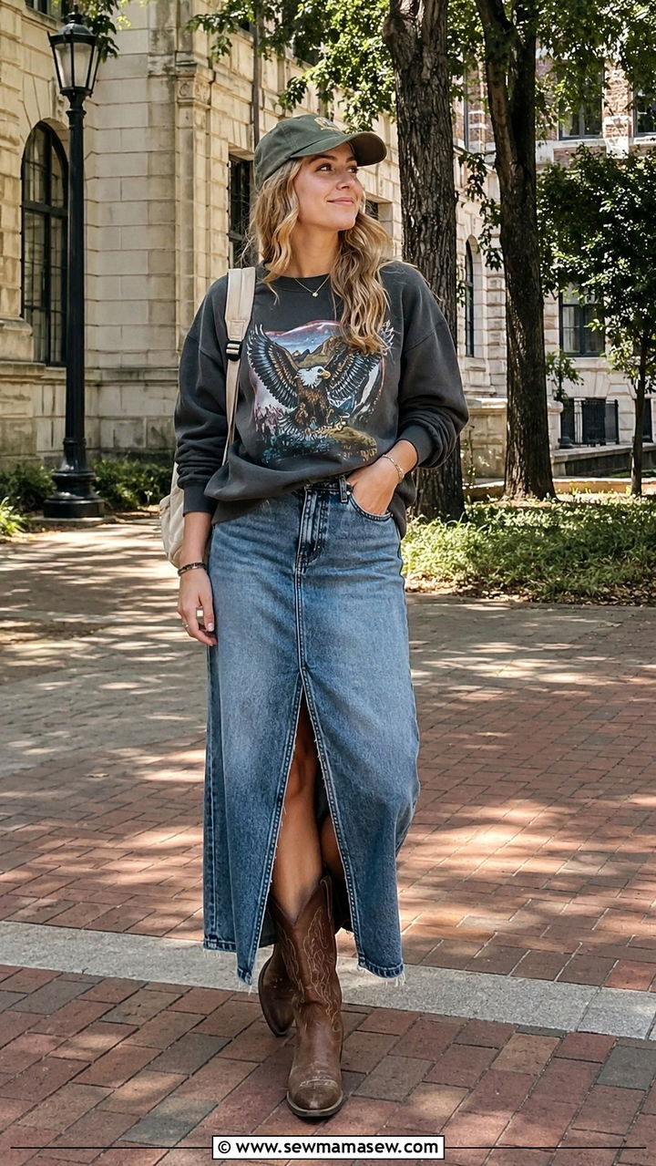 Graphic sweatshirt long denim skirt with cowboy boots - 30 Long denim skirt outfit ideas with cowboy boots
