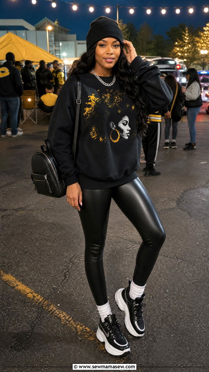 Graphic sweatshirt outfit with faux leather leggings - 25 Gameday outfit ideas HBCU