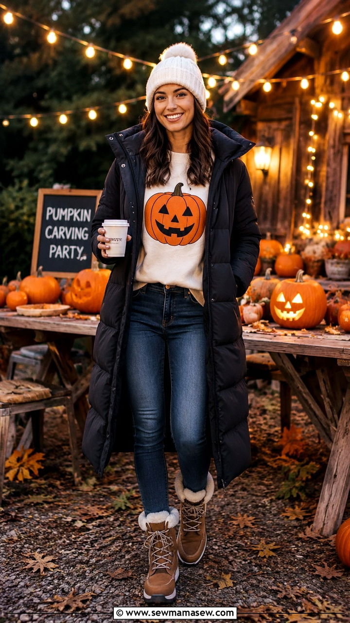 Graphic sweatshirt with a long puffer coat and snow boots - 30 Pumpkin carving party outfit ideas