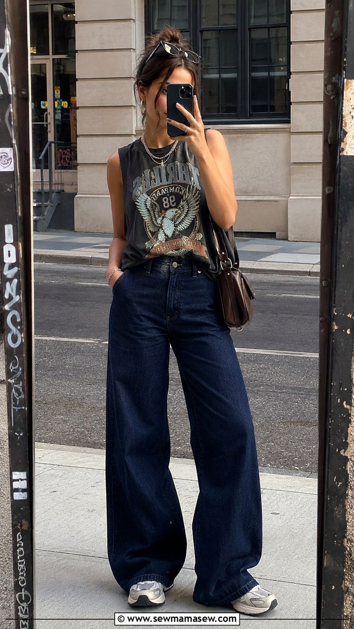 Graphic tank top with wide leg jeans - 25 Wide leg pants outfit ideas with a tank top
