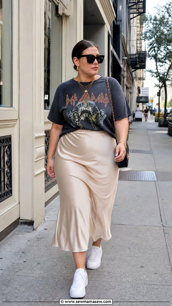 Graphic tee and bias cut satin midi skirt - 30 Summer outfits for midsize women