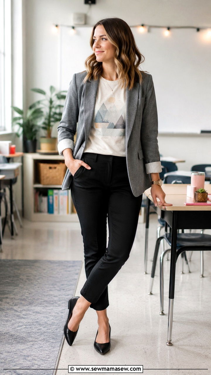 Graphic tee and blazer with ankle pants - 30 Middle school teacher outfit ideas