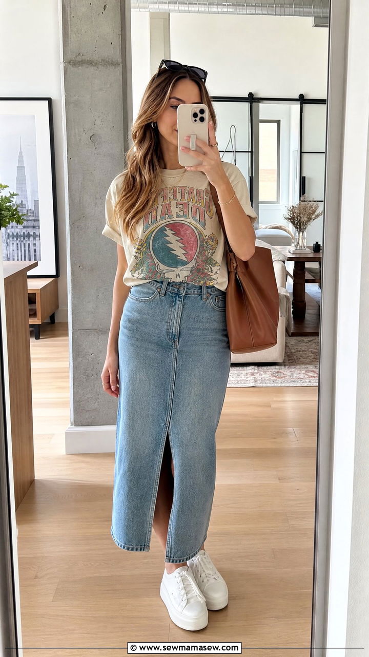 Graphic tee and denim midi skirt - 35 Mature woman outfit ideas