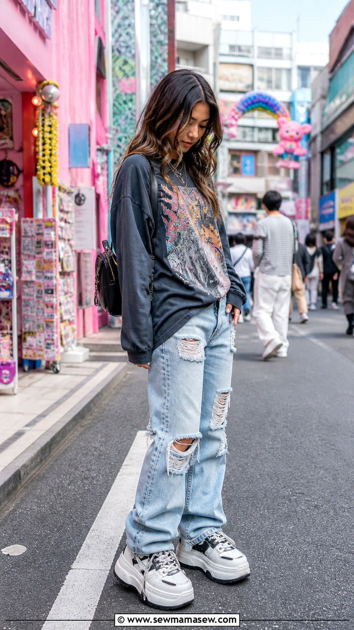 Graphic tee and distressed denim for a Harajuku inspired look - 40 What to wear in Tokyo