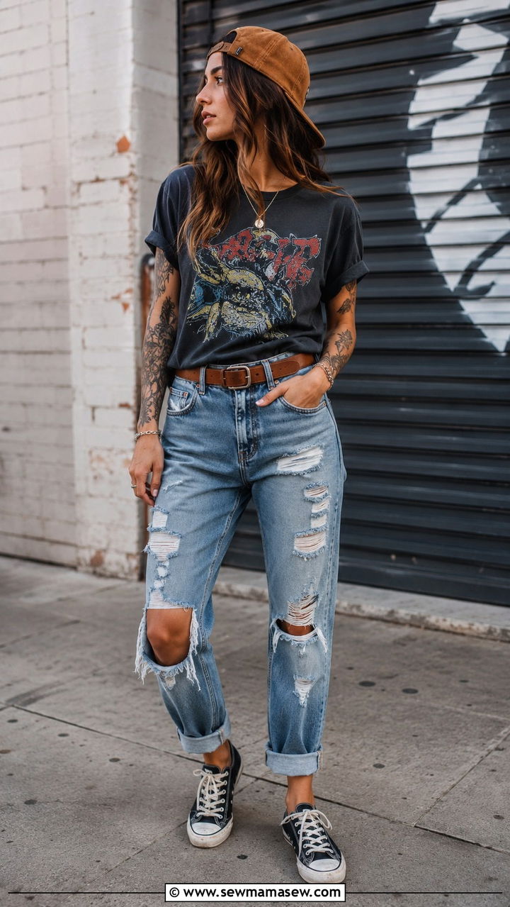 Graphic tee and distressed jeans - 30 cute summer concert outfits