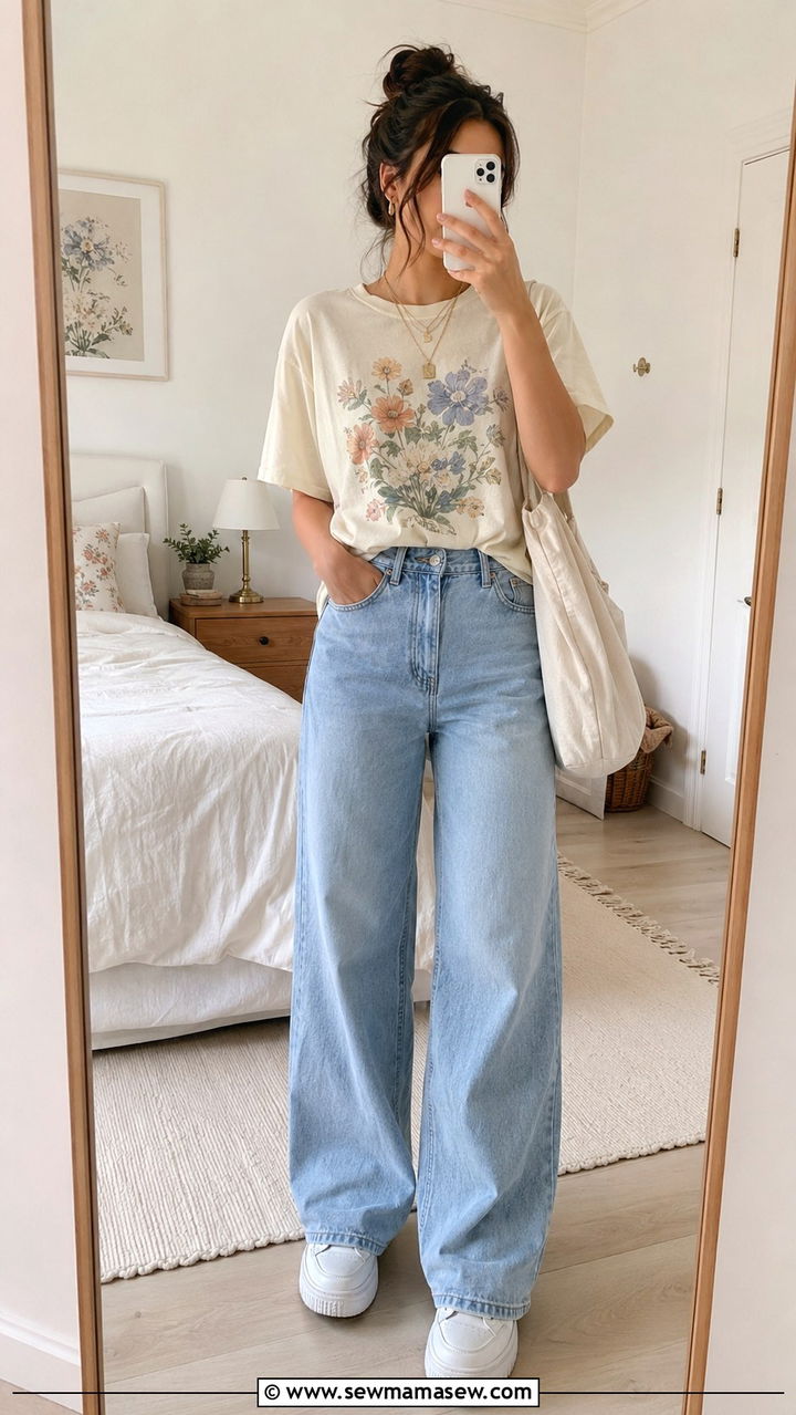 Graphic tee and high waisted wide leg jeans with white sneakers - 20 cute Pinterest outfits
