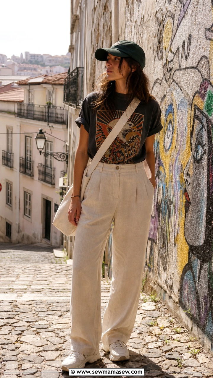 Graphic tee and linen trousers Lisbon street style outfit - 40 Lisbon outfit ideas