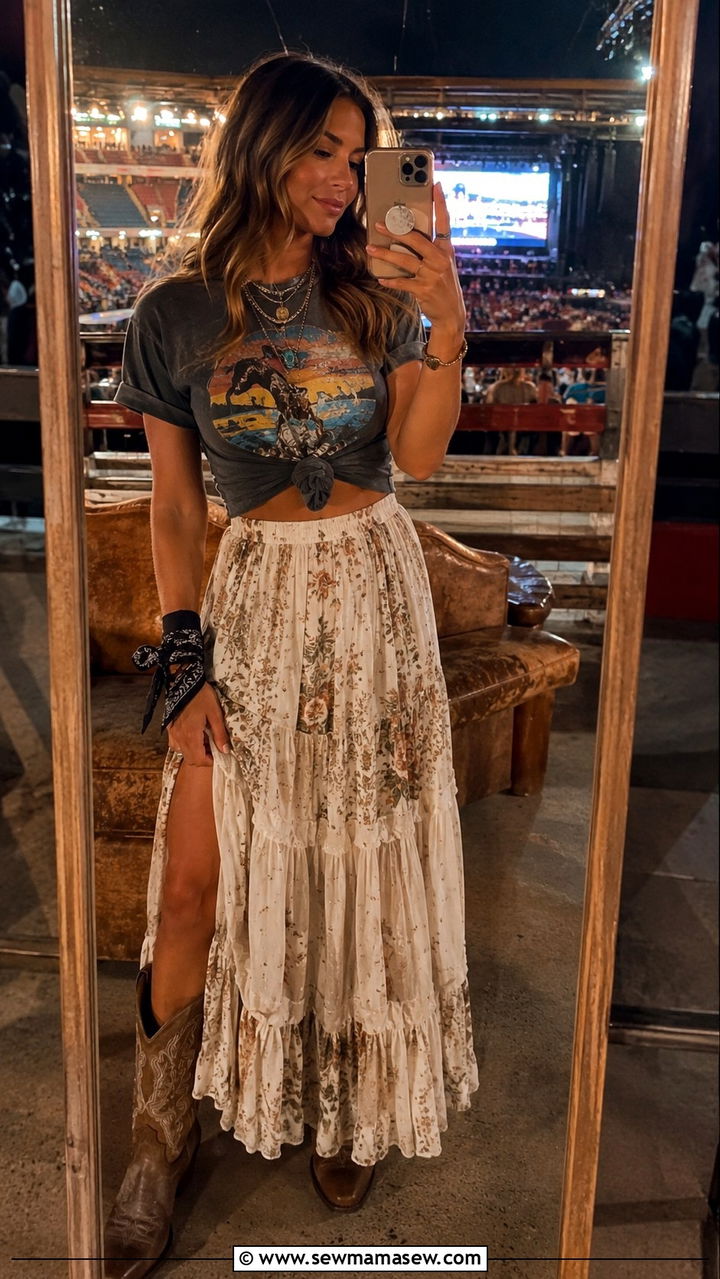 Graphic tee and maxi skirt rodeo outfit - 30 Rodeo outfit ideas
