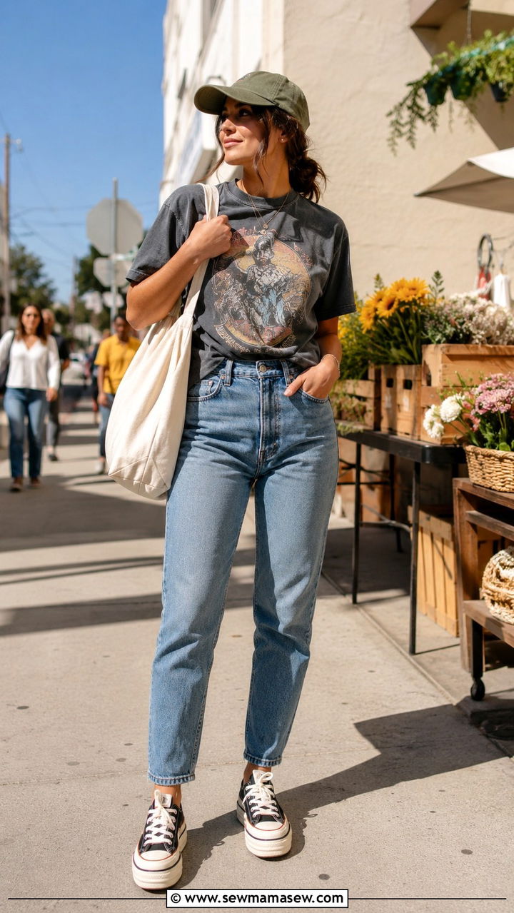 Graphic tee and mom jeans with platform sneakers - 30 How to style mom jeans