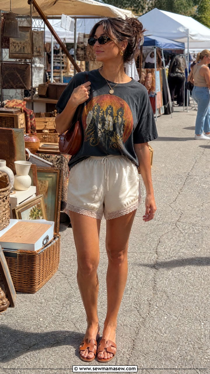 Graphic tee and pajama shorts set - 30 Summer pajama outfit ideas