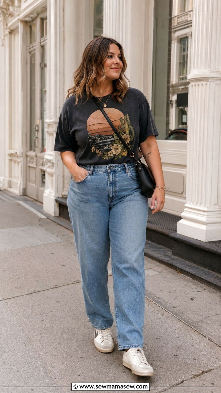 Graphic tee and relaxed jeans outfit - 30 Travel outfits for midsize women