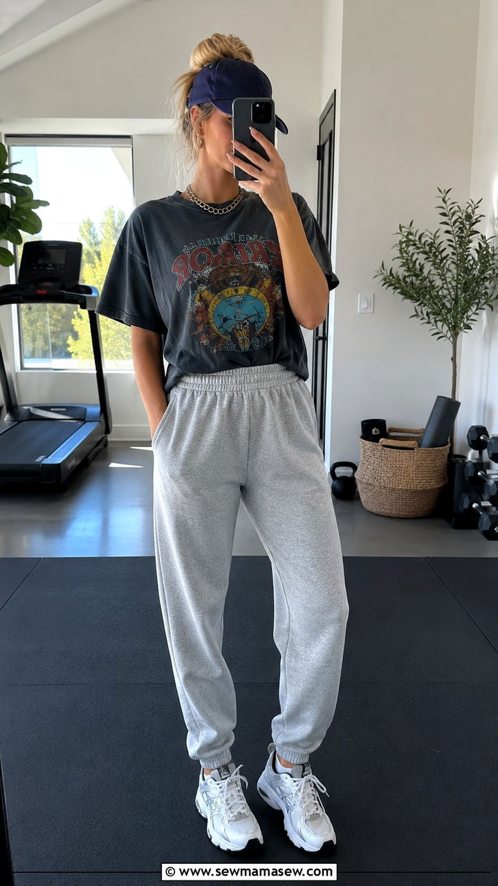 Graphic tee and sweatpants treadmill outfit - 30 Treadmill walk outfit ideas