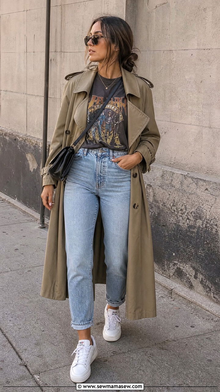 Graphic tee and trench coat outfit - 30 summer trench coat outfit ideas
