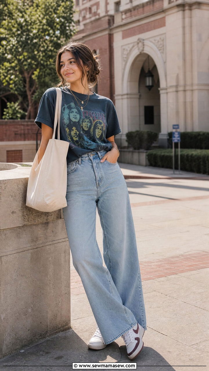 Graphic tee and wide leg jeans outfit - 30 Cute outfits for college girls