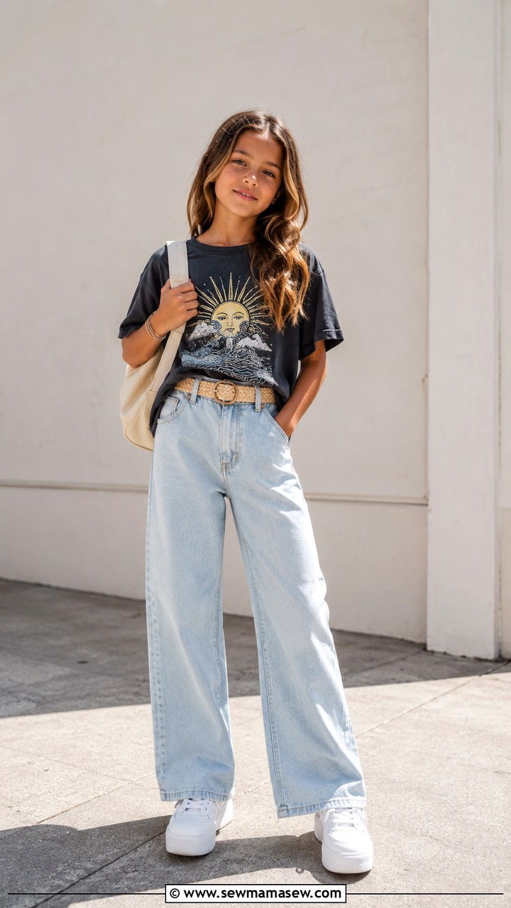 Graphic tee and wide leg jeans outfit - 30 Kids back to school outfit ideas