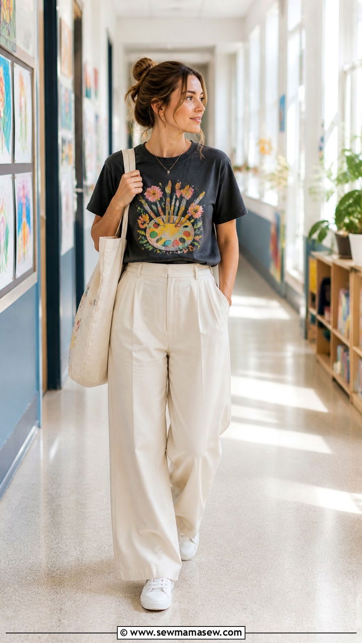 Graphic tee and wide leg pants art teacher - 20 Art teacher outfit ideas