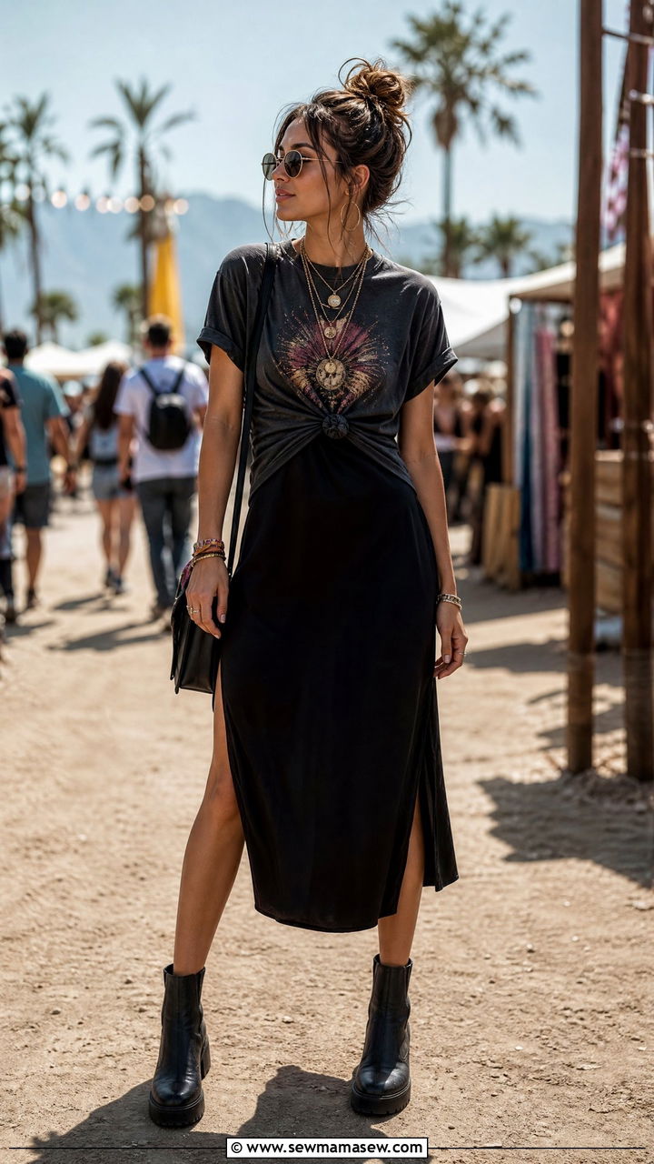 Graphic tee layered over a dress - 35 How to style a graphic tee
