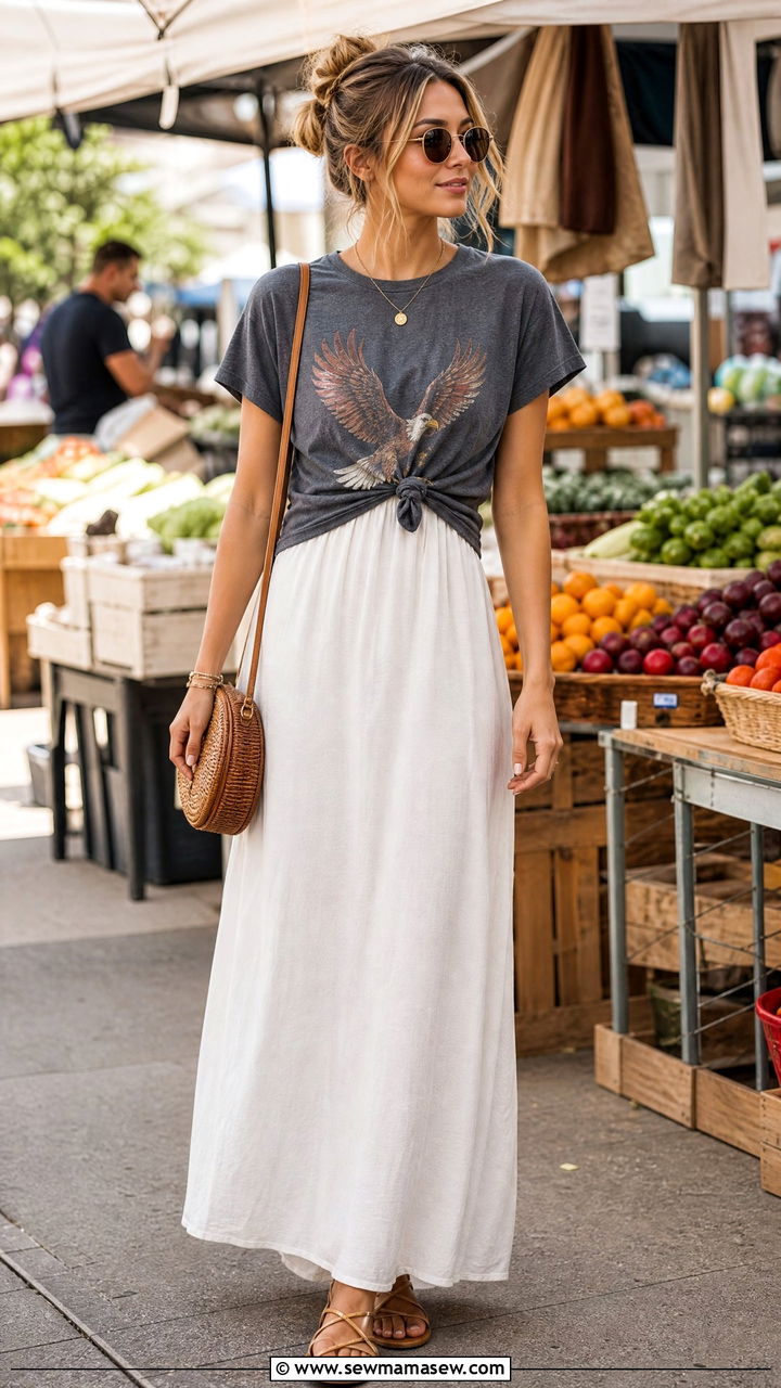 Graphic tee layered over maxi dress - 30 Summer outfits with graphic tee