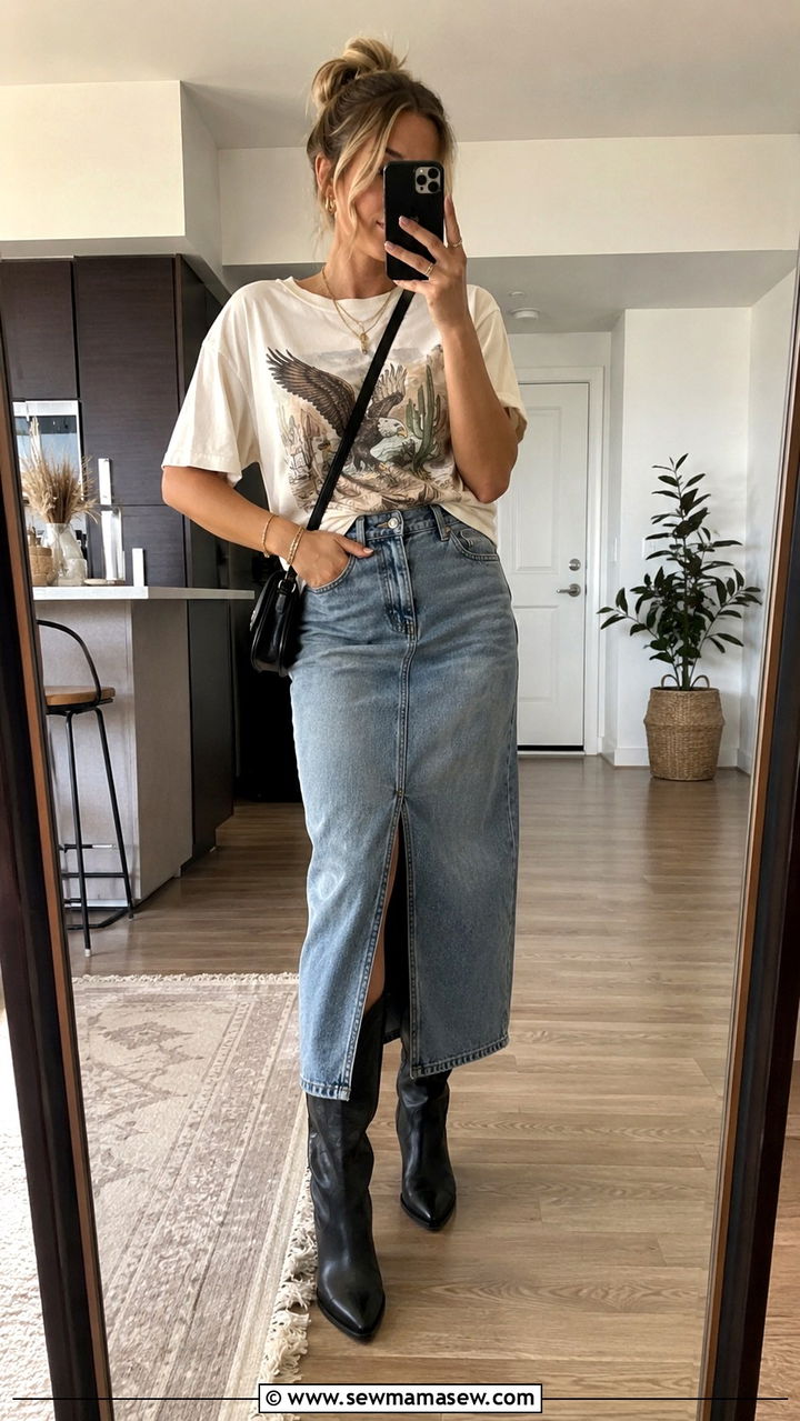 Graphic tee long denim skirt with cowboy boots - 30 Long denim skirt outfit ideas with cowboy boots