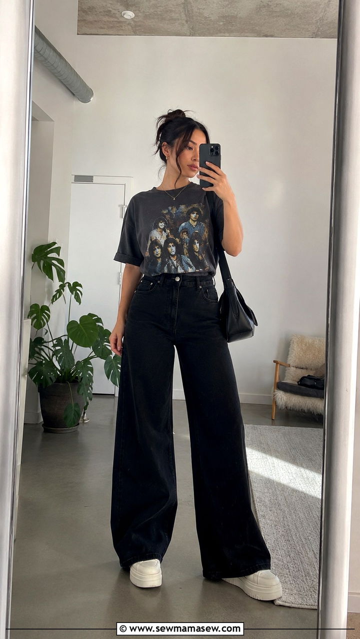 Graphic tee tucked into black wide leg jeans - 25 Petite wide leg pants outfit ideas