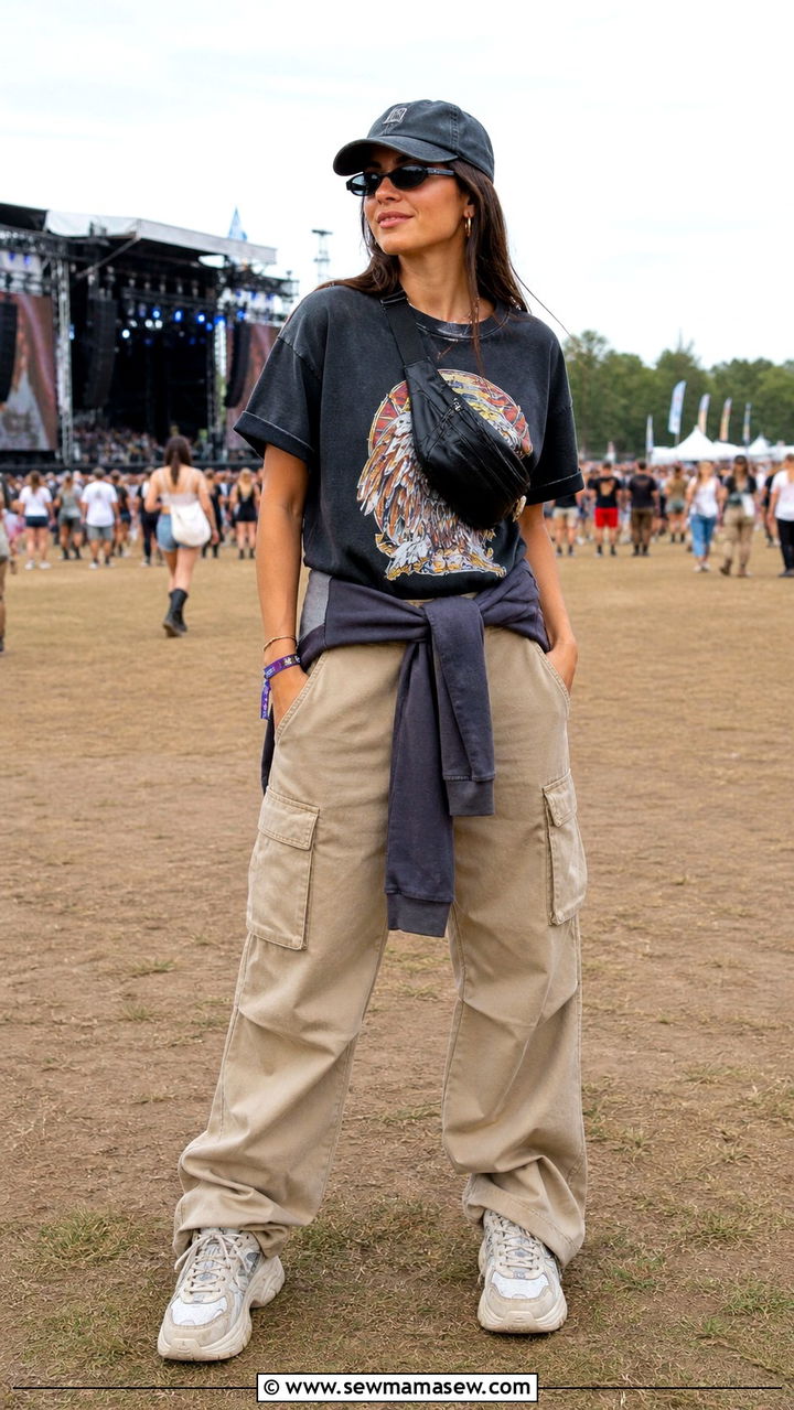 Graphic tee tucked into cargo trousers - 40 festival outfits ideas