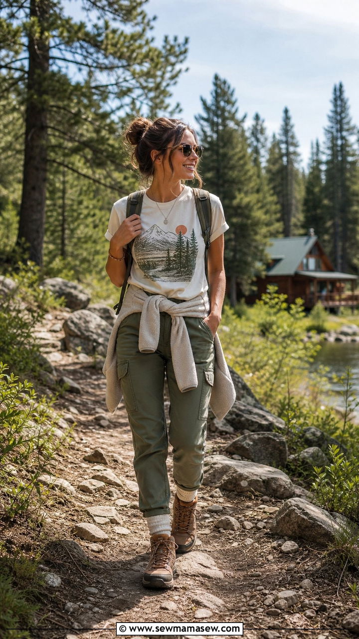 Graphic tee tucked into utility pants with hiking boots - 25 Summer cabin outfits
