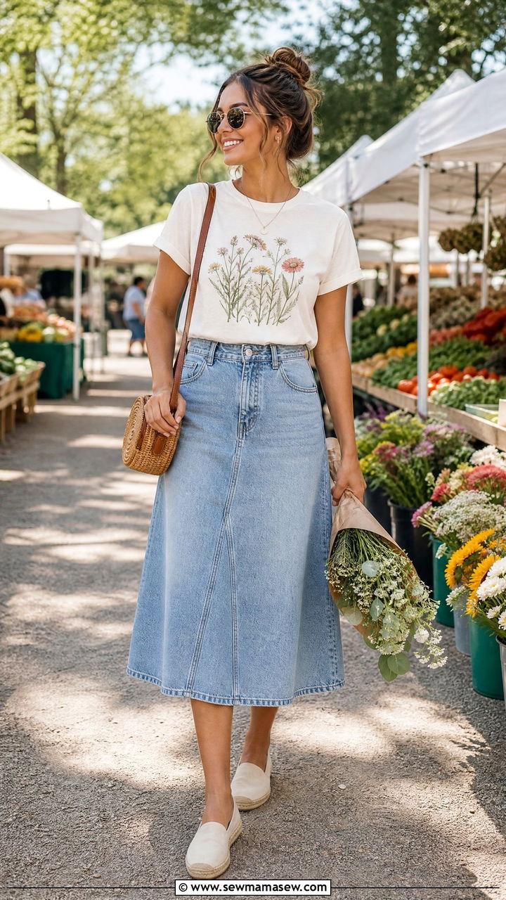 Graphic tee with a line skirt outfit - 30 Summer outfits with graphic tee
