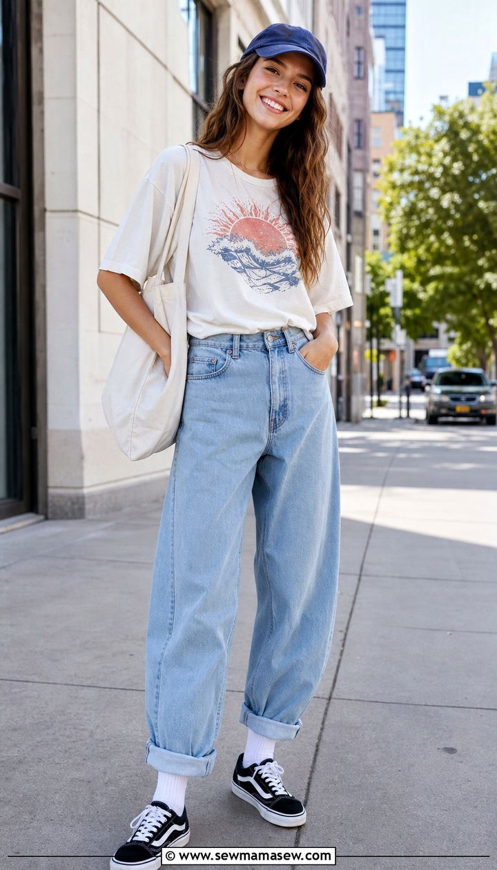 Graphic tee with baggy jeans and baseball cap outfit - 35 Back to school outfit ideas 12th grade