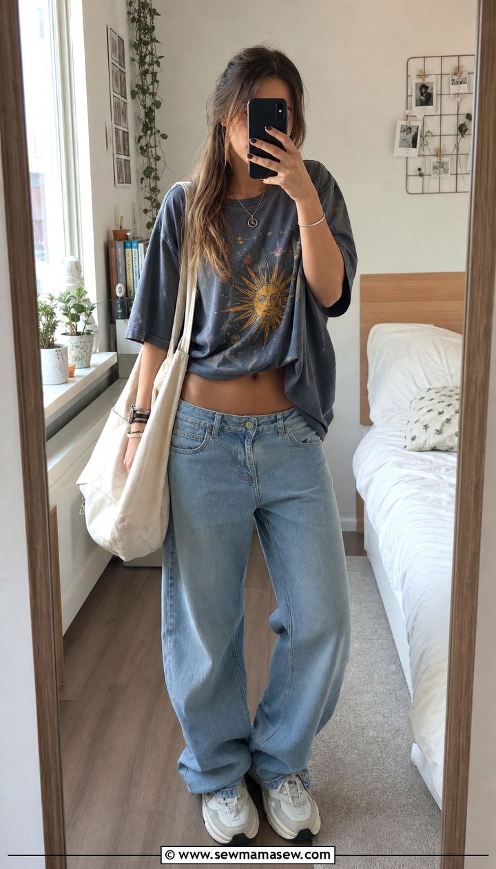 Graphic tee with baggy jeans and dad sneakers outfit - 35 Back to school outfits for teens