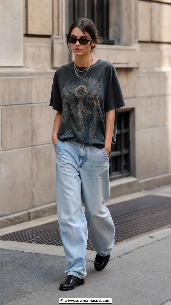 Graphic tee with baggy jeans outfit - 35 Model off duty outfit ideas