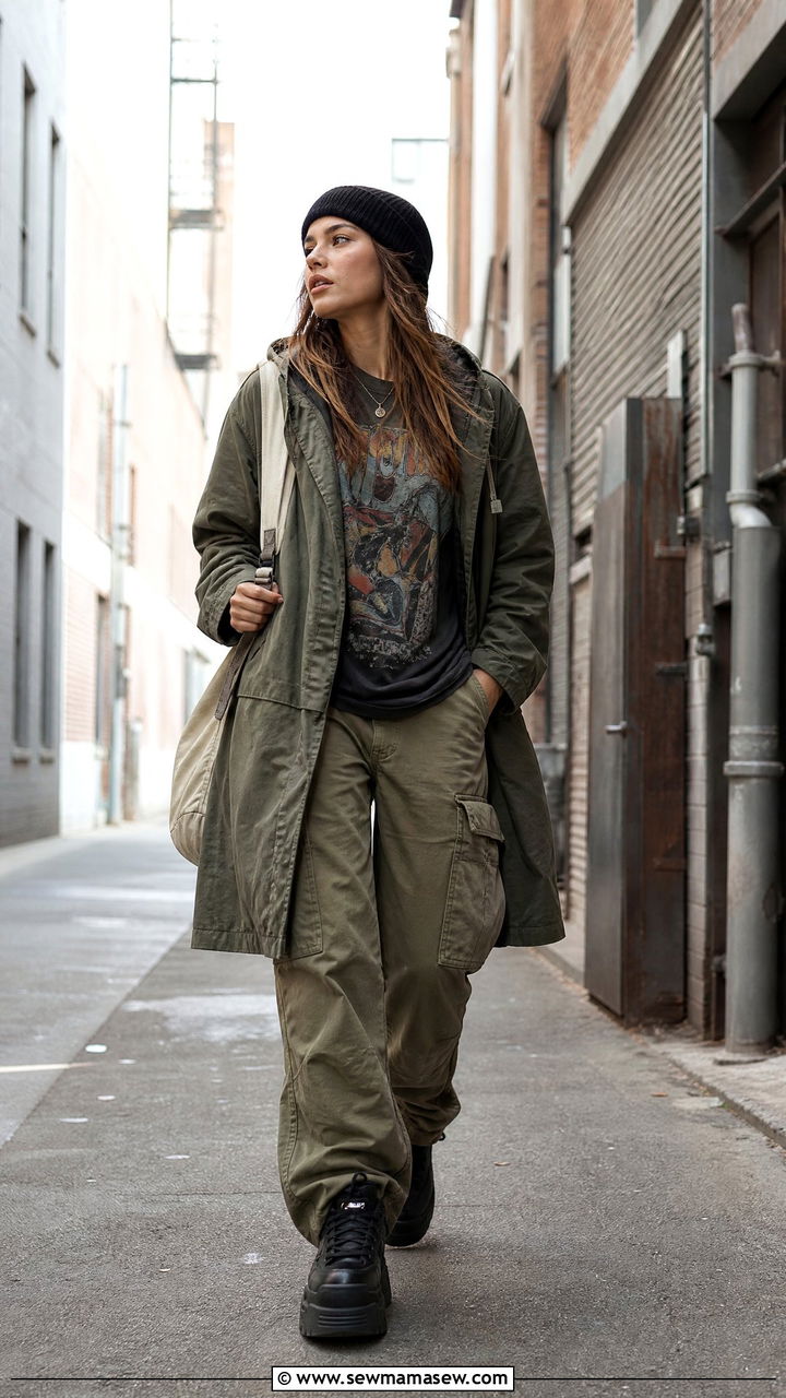 Graphic tee with cargo pants - 25 spring rainy day outfit ideas