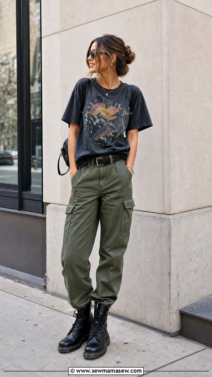 Graphic tee with cargo pants and combat boots - 25 spring cargo pants outfit ideas