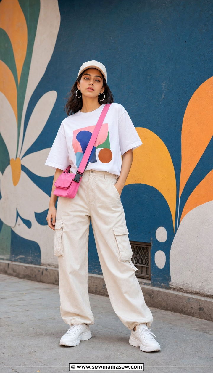 Graphic tee with cargo pants and sneakers - 25 Delhi outfit ideas
