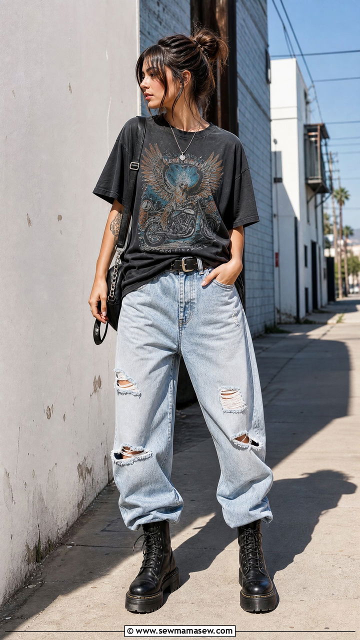 Graphic tee with distressed baggy jeans and combat boots - 25 How to style baggy jeans