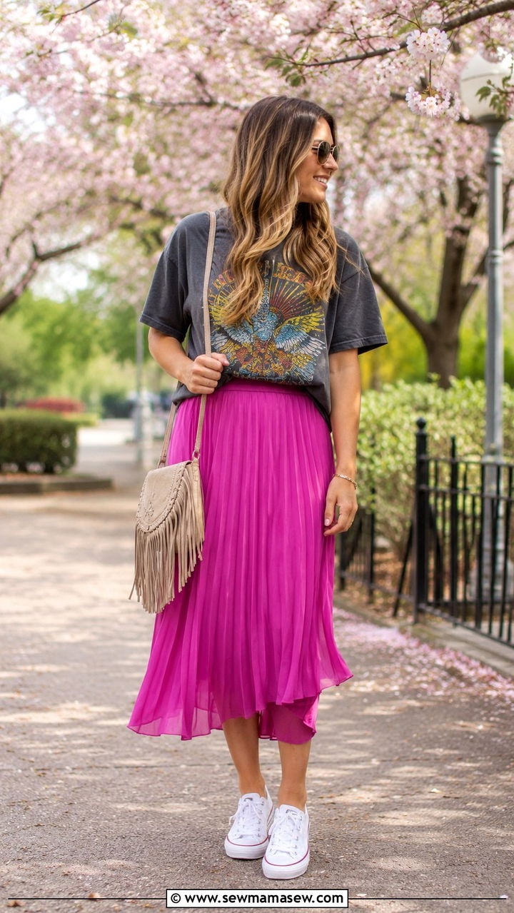 Graphic tee with fuchsia midi skirt - 30 Playful spring outfit ideas