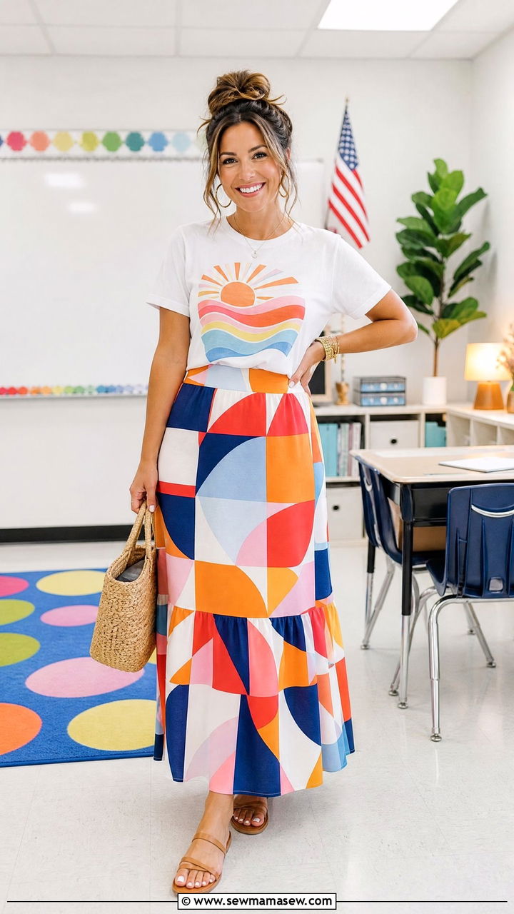 Graphic tee with geometric maxi skirt - 30 Summer outfit ideas for teacher