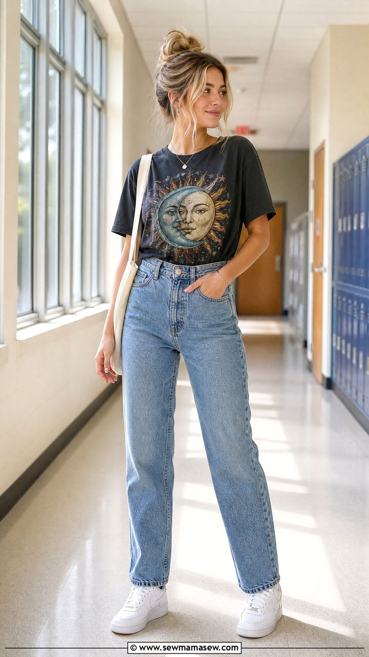 Graphic tee with high waisted jeans and white sneakers - 25 Tween outfit ideas for 12 year olds