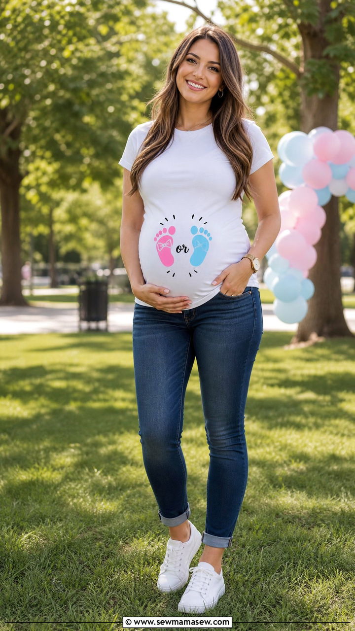 Graphic tee with maternity jeans for gender reveal - 25 Gender reveal outfit ideas