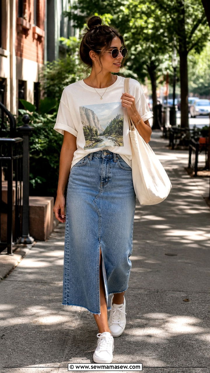 Graphic tee with midi denim skirt and sneakers - 40 Summer outfit ideas 2026