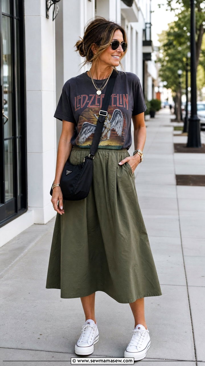 Graphic tee with midi skirt - 25 How to style a midi skirt over 40
