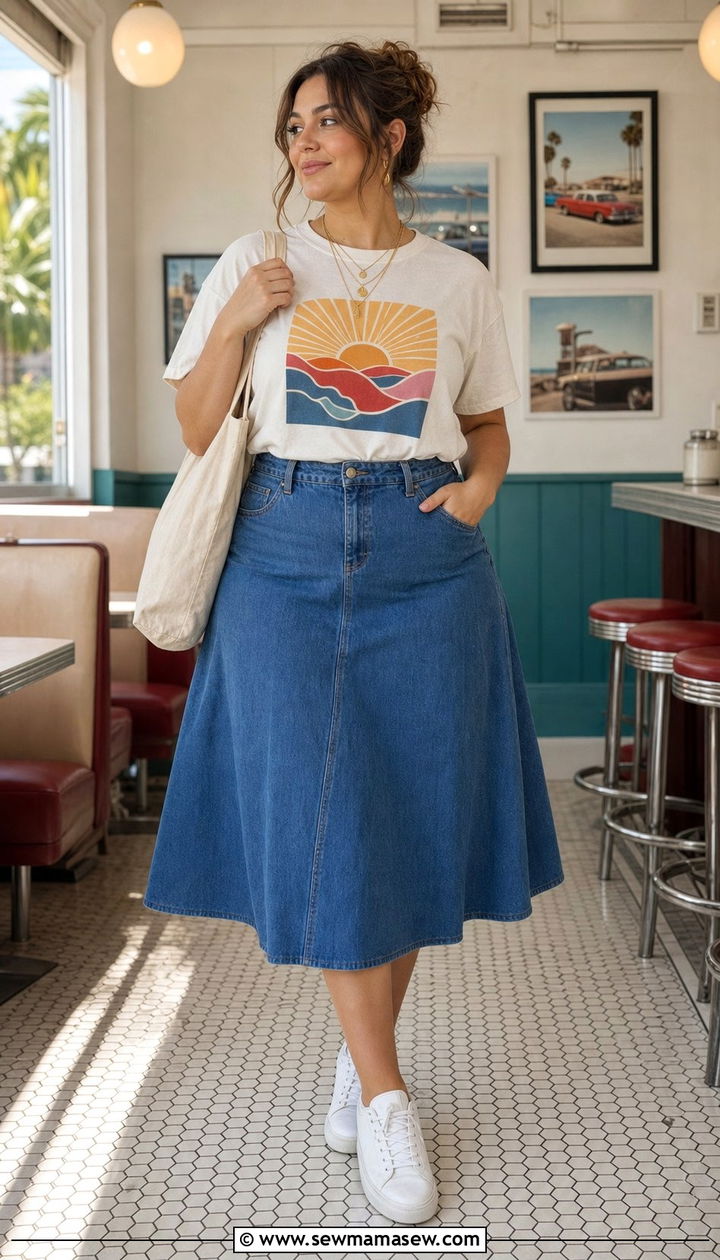 Graphic tee with midi skirt and sneakers brunch outfit - 35 Brunch outfits for pear shape