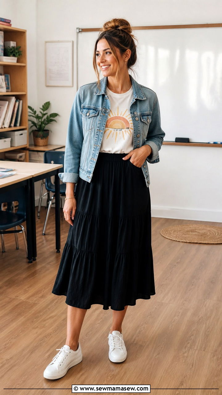 Graphic tee with midi skirt and sneakers - 40 classy teacher outfits
