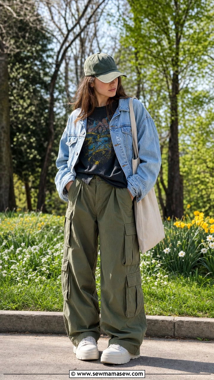 Graphic tee with oversized denim jacket and cargo pants - 25 spring layered t shirts outfit ideas