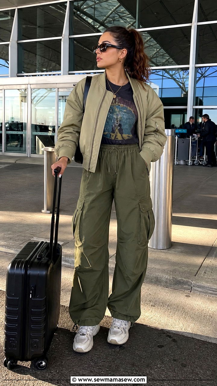 Graphic tee with parachute cargo pants and a neutral jacket - 40 travel outfits