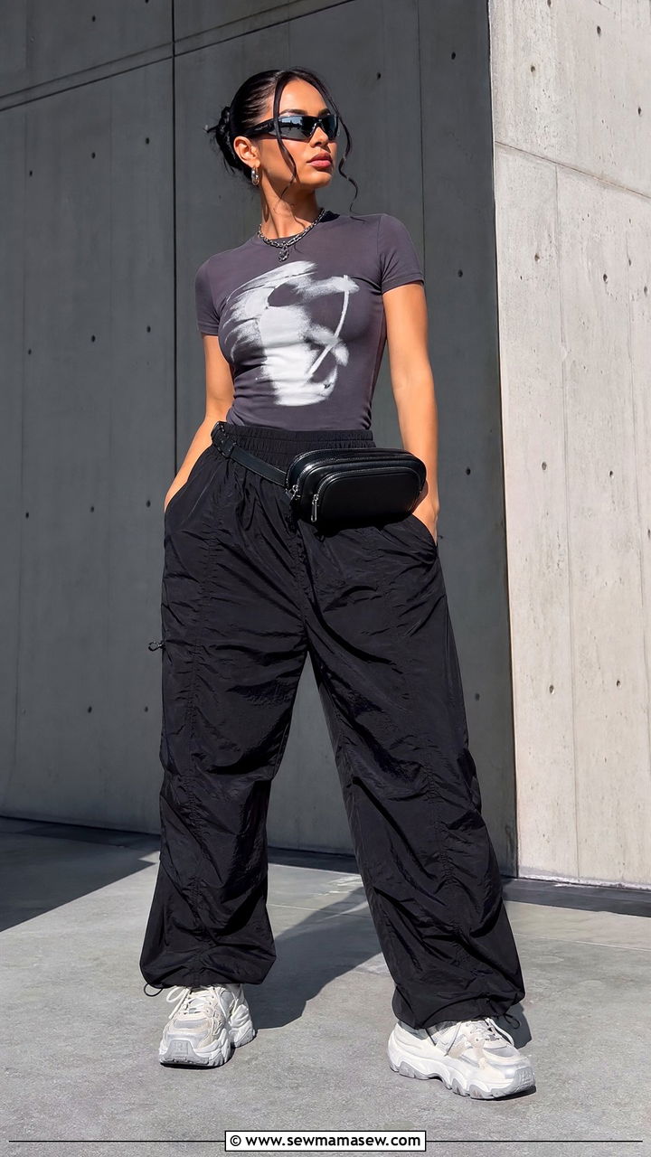 Graphic tee with parachute pants - 30 Summer outfits with graphic tee